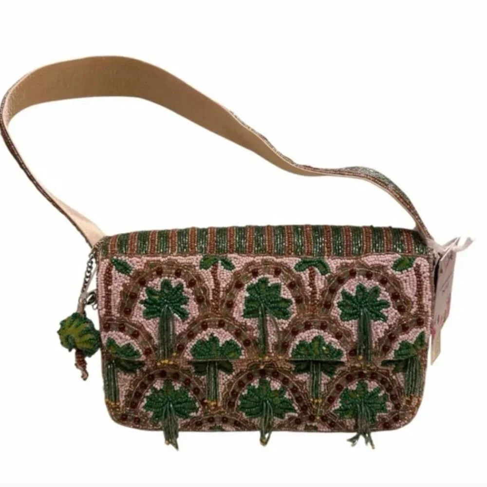 Handmade in India Beaded Palm Trees Shoulder Bag with Palm Tree Bag Charm NWT